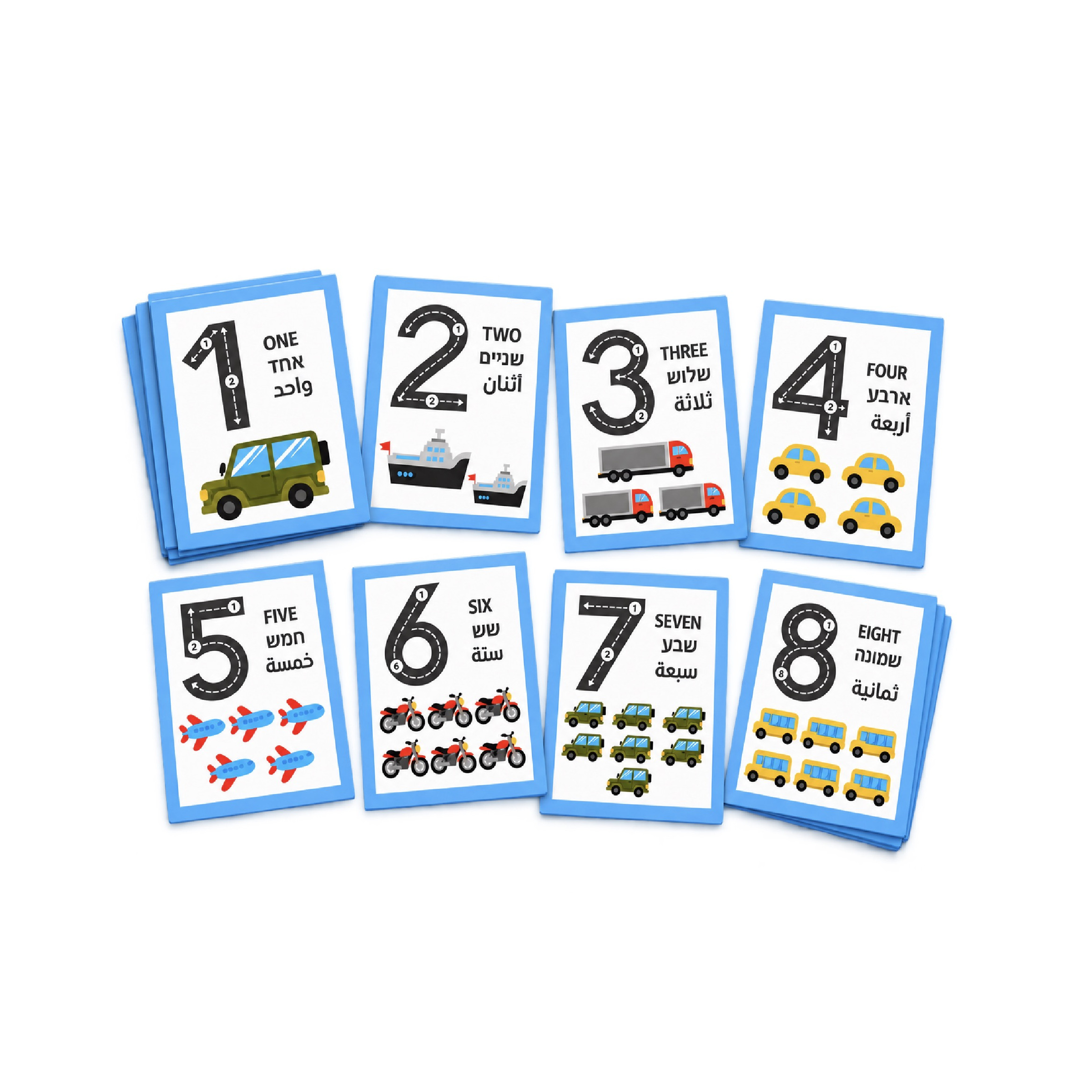 כרטיסיות מספרים 1-8 כלי תחבורה